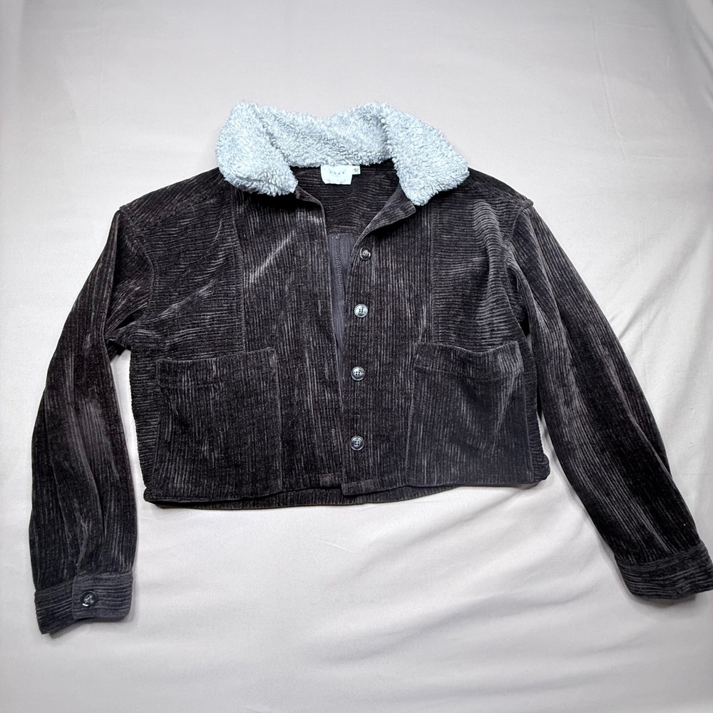 Lush Women Brown Corduroy Cropped Jacket Faux Shearling Collar Medium